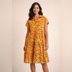 Layerz Clothing Midi Dress‎ Womens M Mustard Western Cowboy Cactus Tiered